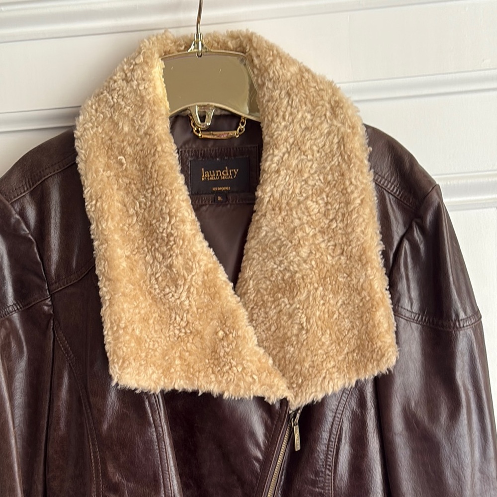 Laundry By Shelli Segal Dark Brown Leather Bomber Jacket - Picture 4 of 9